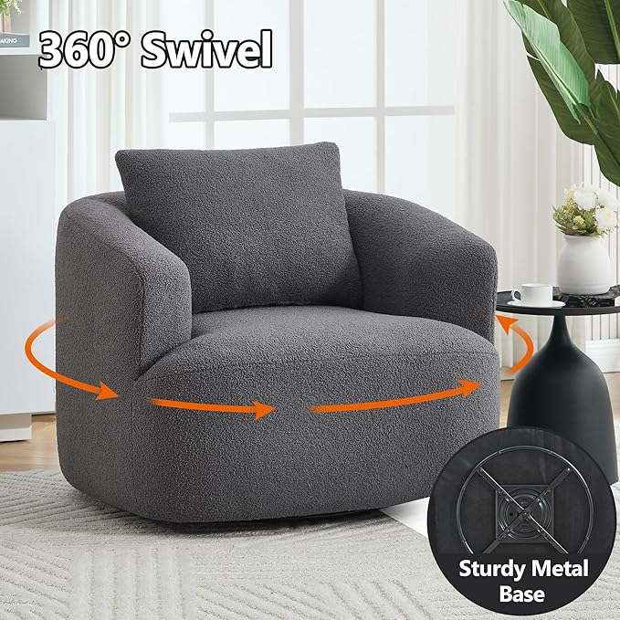 Swivel Accent Chair 360° Rotating Barrel Chair with Teddy Fleece Upholstery &amp High-Resilience Sponge Cushion Easy Assembly Single Sofa for Living Room Bedroom or Apartment (Dark Grey)
