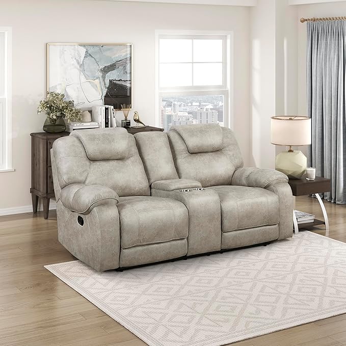 Lexicon Manual Double Reclining Loveseat Polished Microfiber Manual Wall Hugger Loveseat Recliner for Living Room Center Storage Console/Cup Holders/Pillow Top Arm Easy Assembly Pewter