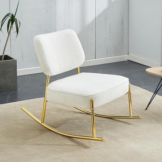 Teddy Suede Material Cushioned Rocking ChairUnique Rocking ChairCushioned seat White Rocking Chair with backrest and Golden Metal Legs. Comfortable Chairs in Living Room