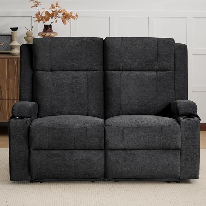 55 Loveseat Recliner Sofa with Cup Holders Manual Double Reclining Couch in Chenille Fabric Wide Seat &amp Side Pockets for Living Room Small Spaces Apartment and RV