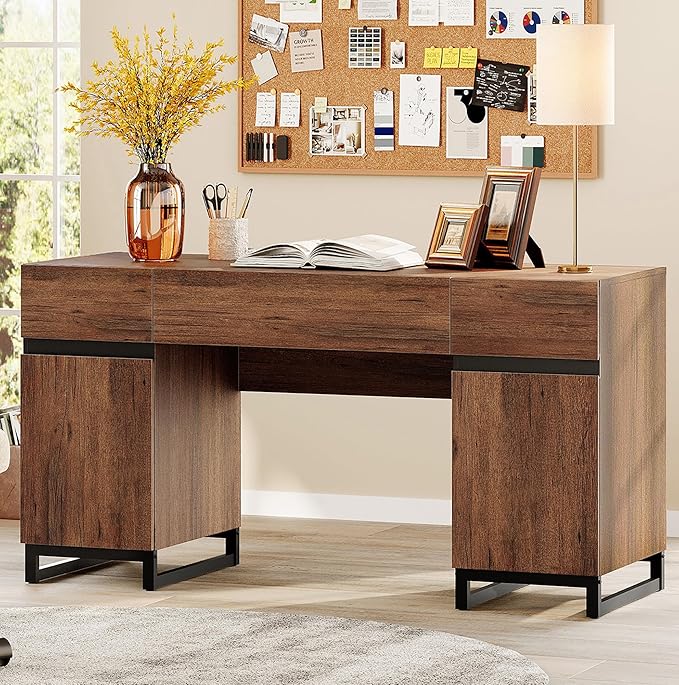 WAMPAT 59 Modern Executive Desk with Drawers Home Office Computer Desk with Charging Station File Drawer Storage Cabinet Wood Writing Desk for Work and Study Dark Brown