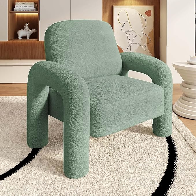 Modern Sherpa Accent Chair Teddy Upholstered Arm Single Sofa Cozy Fluffy Reading Chair for Living Room Bedrooms Corner (Mint Green)