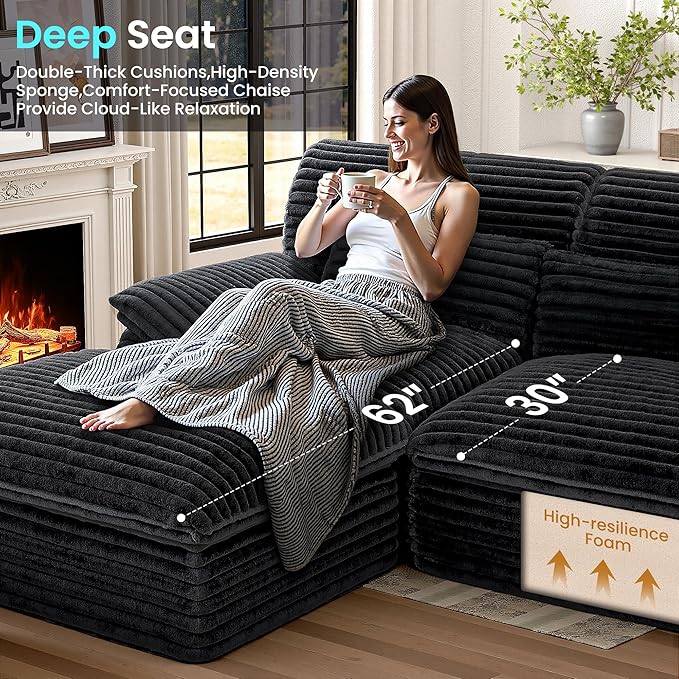 Pamapic 3-Seat L-Shaped Modular Sectional SofaBoneless Cloud Couch with Double-Layer Deep Seat Comfy Corduroy Fabric 72h ReboundGrey