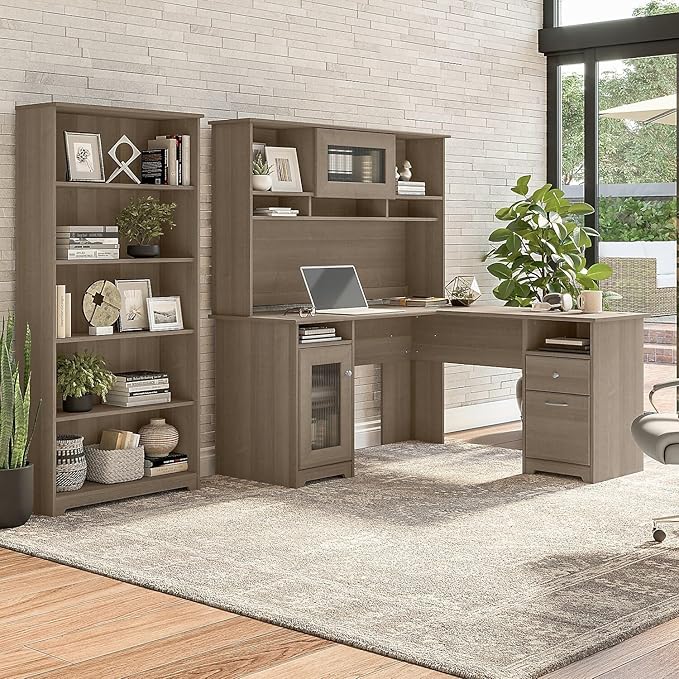 Bush Home Cabot 60W L Shaped Computer Desk with Hutch and 5 Shelf Bookcase in Ash Gray