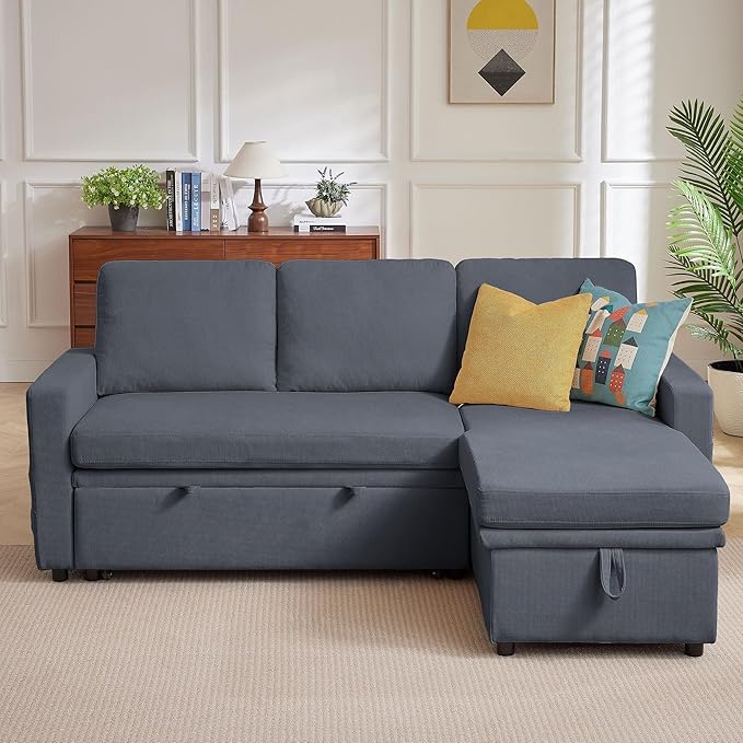 Sleeper Sofa Bed Convertible L Shaped Sofa | Pull Out Bed with Reversible Storage Chaise | Layered Storage | Side Pockets | 3-Seater Comfy 79 Sectional Pullout Couch for Living Room Dark Grey