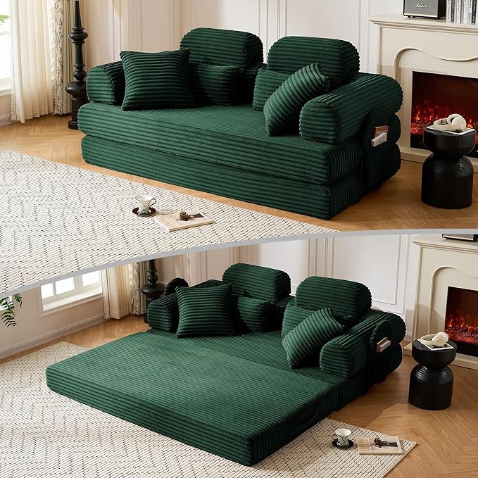 79 Sofa Bed Deep Seat 32 Sleeper Sofa 5-in-1 Convertible Sofa Bed Boneless Couch in a Box Corduroy Floor Futon with Thickened backrest and Headrest Pillows Side Pockets Olive Green