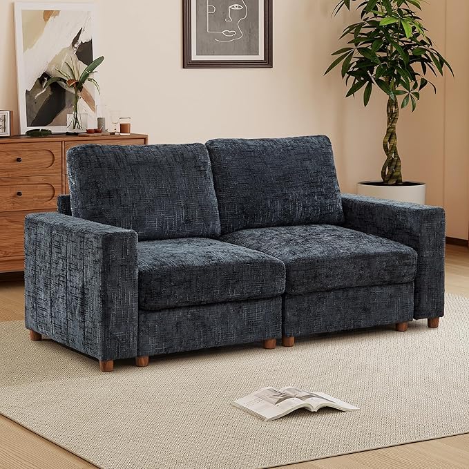 ORRD Comfy Loveset Couch Chenille 2 Seat Sofa with Pillows Modern Loveseat Sofa with Storage for Apartment Living Room Black Blue