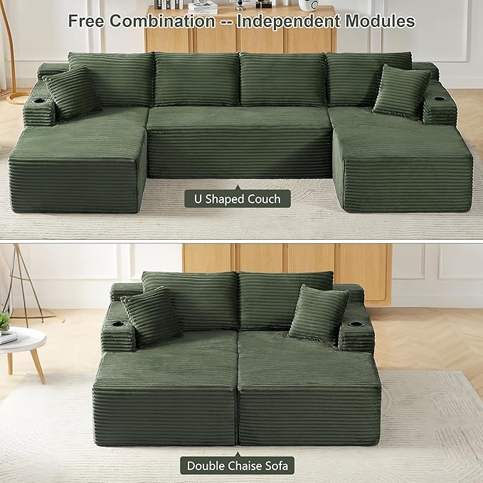 133.5 Oversized U Shaped Sectional Couch Boneless Cloud Couches for Living Room Corduroy Comfort Modular Deep Seat Sofa with Chaise Cup Holders &amp Storage Pocket No Assembly Required Green