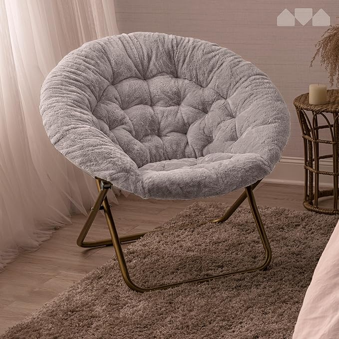 Milliard Saucer Chair for Adults Teens &amp Kids Light Grey Faux Fur XL Circle Chair for Bedroom Dorm &amp Gaming Foldable Comfy Accent Seat for Small Spaces Folding Moon/Mushroom/Round Style