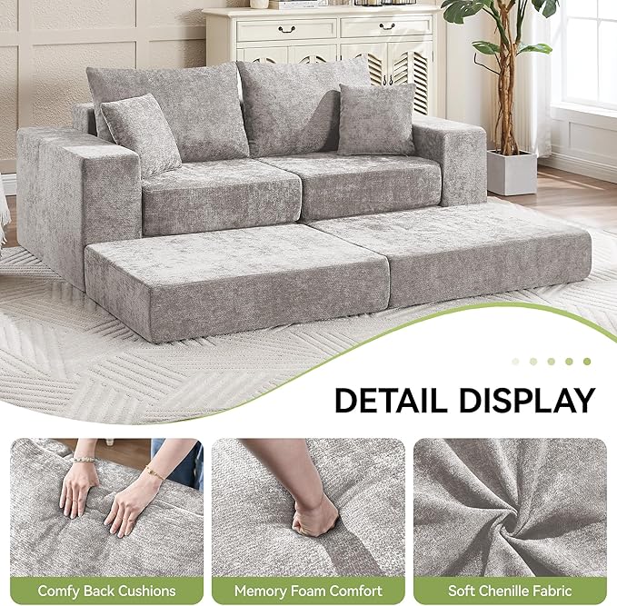 79 Boneless Loveseat Sofa Couch Modular Foldable Floor Cloud Sofa with Ottoman Lounge Convertible Sofa Bed for Living Room No Assembly Chenille Light Grey