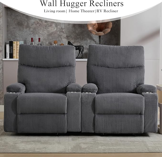 Manual Recliner Chair with Pull Ring 3 Position 140° Reclining Sofa for Living Room Nursery RV and OfficeOversized Recliner Chairs for Adults(Grey Corduroy Fabric)