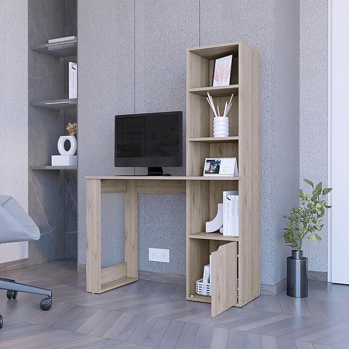 Home Office Desk Computer Desk with 4-Tier Bookcase and 1-Door Cabinet Gray