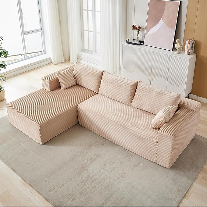 110 Inch Modular Sectional Cloud Couch with ChaiseOversized Deep Seat Sofa in CorduroyBoneless L Shaped Boneless Floor Couch Vacuum Pack for Easy ShippingNo Assembly for Living Room BedroomBeige