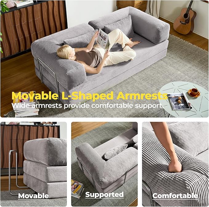78 Inch Convertible Sofa Bed Corduroy Boneless Couch with Fixed Frame and 4 Pillows Modular Sectional Couch for Living Room Bedroom Studio Floor Bed Loveseat Sofa (Grey)