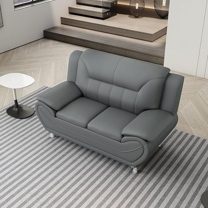 Michael Modern Faux Leather Upholstered Stainless Steel Legs Living Room Loveseat Gray