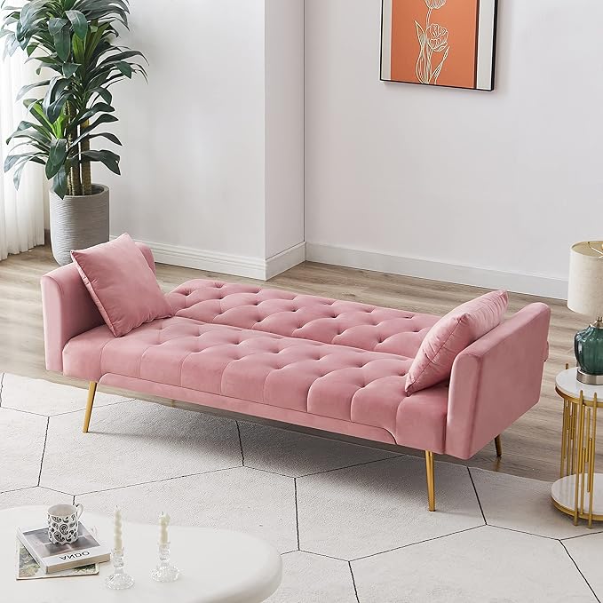 Anwick Modern Velvet Sofa Bed Futon with 2 Pillows2-in 1 Convertible Sleeper Couch BedFolding Recliner Loveseat with Golden Metal Legs for Living Room Apartment Office (Pink)