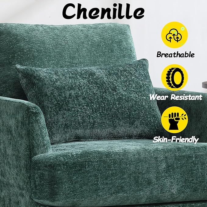 Oversized Accent Chair with Lumbar Pillow Upholstered Side Chairs for Living Room Bedroom Comfy Reading Chairs for Adults with Wide Seat Thick Cushion Soft Chenille (Emerald)