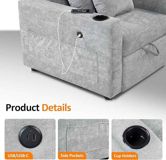 MCombo Convertible Sleeper Chair Bed 3-in-1 Folding Sofa Chair with Adjustable Backrest Pull-Out Bed with USB Port Cup Holders Linen Fabric for Small Spaces Living Room Guest Room Office VN6001