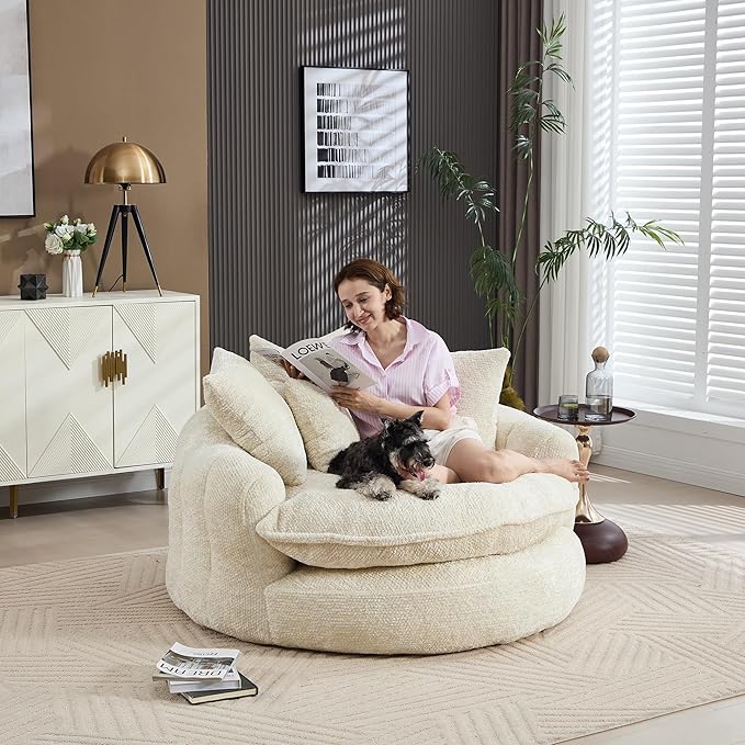 54'' Oversized Round Bean Bag Chaise Lounge Barrel Chair with Movable Ottoman Fluffy Cloud Couch Boneless Round Sofa Chair for Living Room Bedroom Apartment Beige White