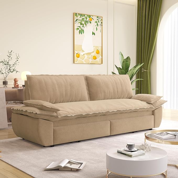 73.2 Futon Sofa Bed Queen Size Pull Out Bed 3-in-1 Convertible Sleeper Sofa with Cushion Armrest Modern Corduroy Futon Couch for Living Room Small Space Apartment Bedroom Camel