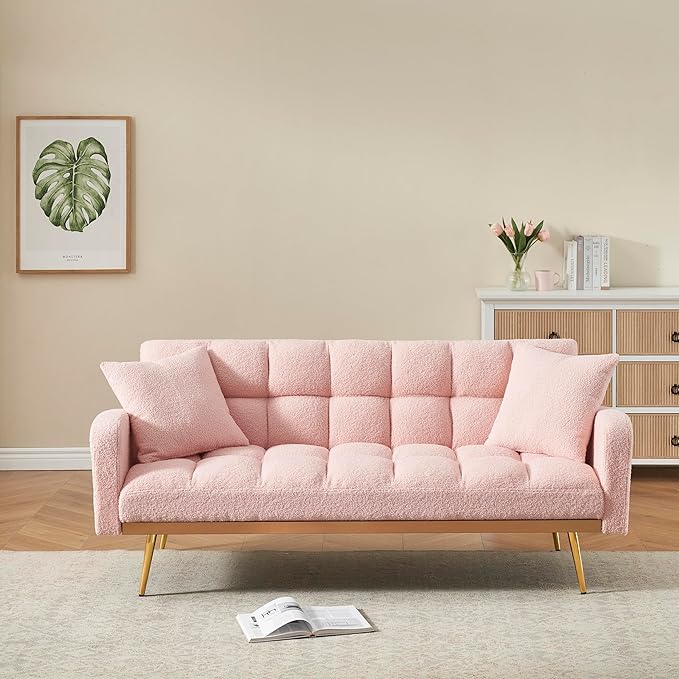 KEIKI 69 Folding Futon Sofa Couch w/Adjustable Backrest Mid Century Modern Loveseat Convertible to Sleeper Bed Small Comfy Teddy Cloud Couch SofaBed for Living Room &amp Bedroom 2 Pillows Pink