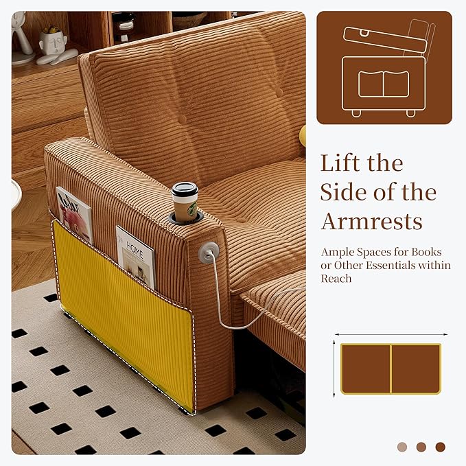 73 Queen Size Sofa Bed Loveseat Sleeper Sofa with Pull Out Bed Pockets and USB Modern 2 Seater Convertible Small Couch for Living Room Bedroom Apartment (Orange Corduroy)