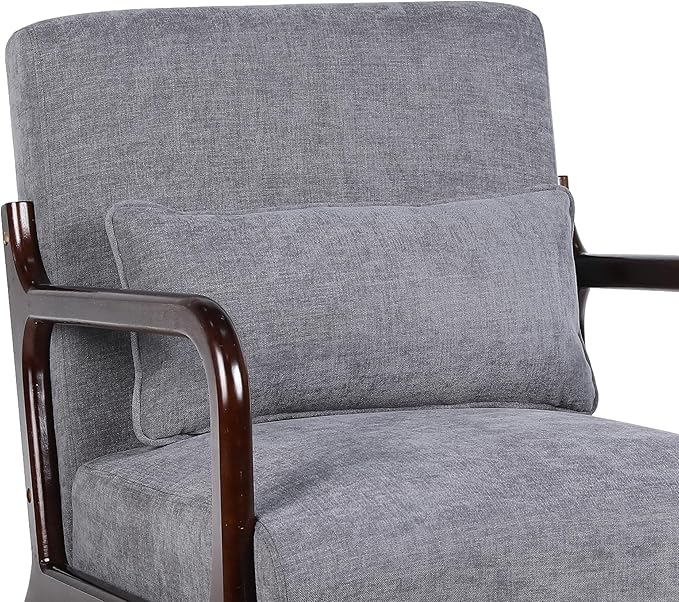 Mid Century Modern Accent Chair with Solid Wood Frame Comfy Reading Lounge Chair with Detachable Lumbar Pillow for Living Room Bedroom Office Vintage Small Wooden Armchair for Waiting Room (Grey)