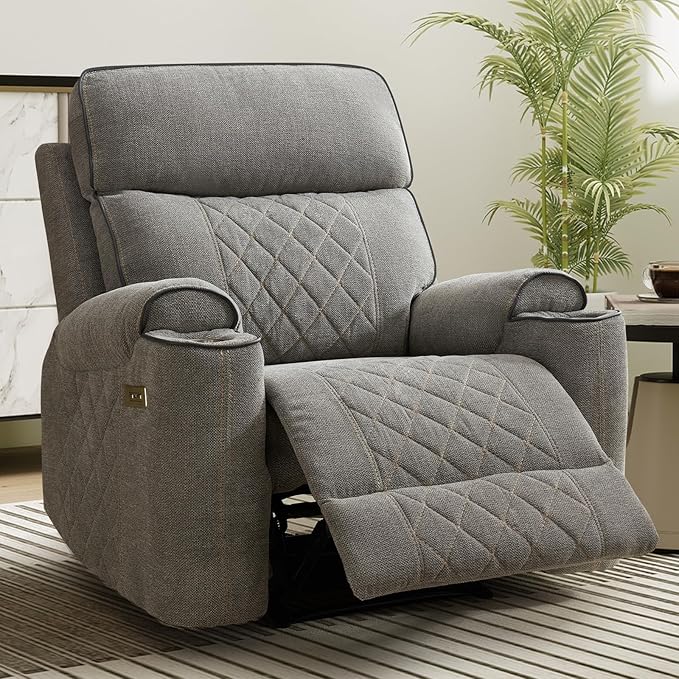 EBELLO Electric Recliner Chair Soft Fabric Power Reclining Chair with Cup Holders USB Charging Ports for Living Room Bedroom and Meeting Room Light Grey