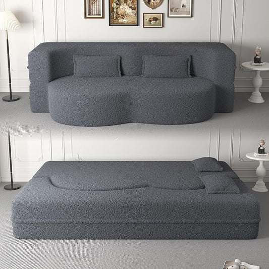 78” Floor Sleeper Sofa Bed Modern 2 in 1 Full Size Foldable Mattress with 2 Pillows Convertible Boneless Couch with Deep Seat for Living Room No Assembly Required (Grey &amp Teddy) | No Assembly R