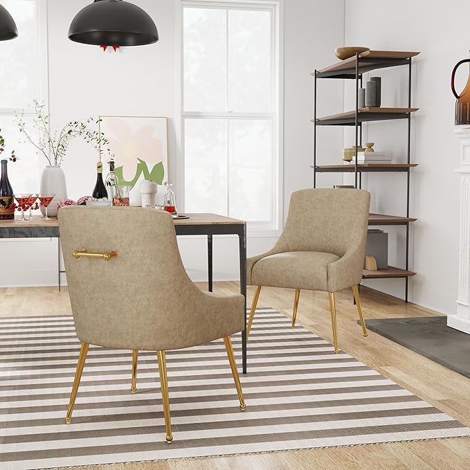 Dining Room Chair Faux Leather Vanity Chairs Set of 2 Mid-Century with Metal Legs Upholstered PU Leather Luxury Accent Chairs Living Room Restaurant(Dark Apricot)