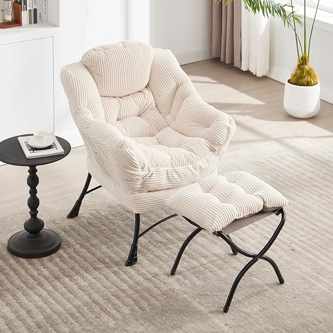 Lazy Chair with Ottoman Modern Lounge Accent Chair with Armrests and a Side Pocket Leisure Upholstered Sofa Chair Reading Chair with Footrest for Small Space Corner Chair (White)