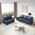 Faux Leather Sofa Set of 2: Love Seat +3 Seat Couch Underseat Storage Classic Sofa Elegance Rolled Armrests Nailhead Trim Wood Legs Classic Living Room Accent 2+3 Seat-Navy Blue