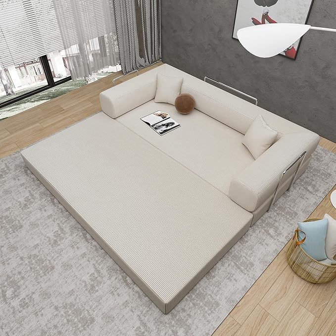 Convertible Sleeper Sofa Bed with Upgraded All High-density 35D Foam No Assembly Foldable Sleeper Couch Folding Floor Boneless Mattress Couch for Living Room Bedroom Apartment Lounge Office Beige