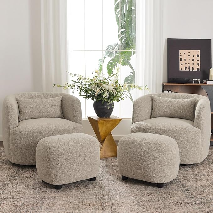 KINWELL 34 Wide 2 Boucle Swivel Barrel Chairs and 2 Ottomans Set Fully Assembled Sherpa Accent Chairs and Footrest Set Modern Comfy Armchairs and Footstool for Living Room and Bedroom Taupe