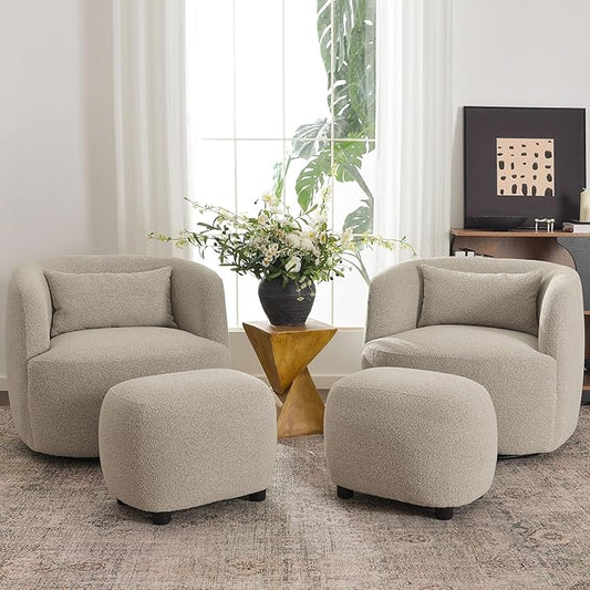 KINWELL 34 Wide 2 Boucle Swivel Barrel Chairs and 2 Ottomans Set Fully Assembled Sherpa Accent Chairs and Footrest Set Modern Comfy Armchairs and Footstool for Living Room and Bedroom Taupe