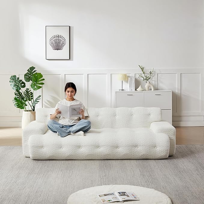 KEIKI 87.4 Cloud Couch Oversized 3 Seat Sofa with Button-Tufted Square Arm Deep Seat Chenille Seat for Living Room Guest Bedroom No Assembly Required White