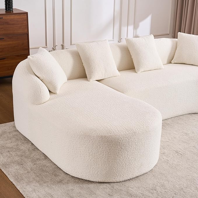 Curved Sectional Sofa Couch Oversized L Shape Deep Seat Cloud Couch Modern Chenille 4-Seater Sofa with Chaise No Assembly Required Couches for Living Room Apartment Office Beige White