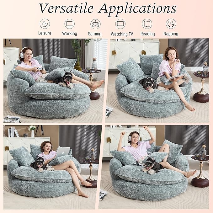 54 Oversized Round Chair Couch Lounge Chaise Indoor Comfy Boneless Sofa for Living Room Cloud Large Circle Couch Chair with 5 Pillows Fluffy Modern Sleeper Sofa Bed for Reading (Blue Gray)