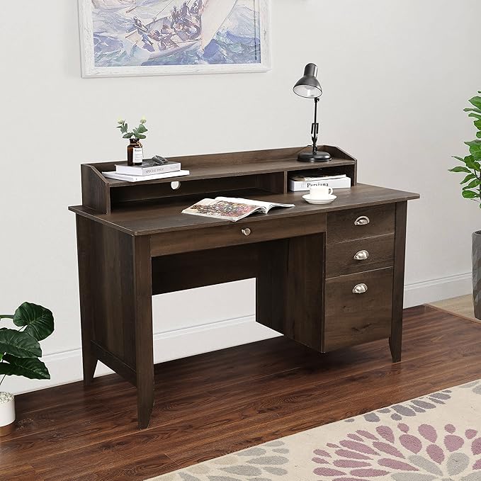 LOKATSE HOME Executive Computer Wood Desk with Drawers Home Office Writing Study Desks with Hutch