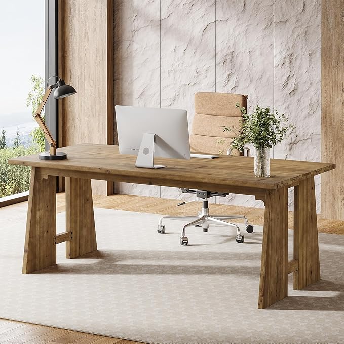 Solid Wood Executive Desk 70.9-Inch Long Office Computer Desk with Sturdy Wooden Legs Farmhouse Workstation for Home Office Rectangular Conference Table for Meeting Room (Brown)