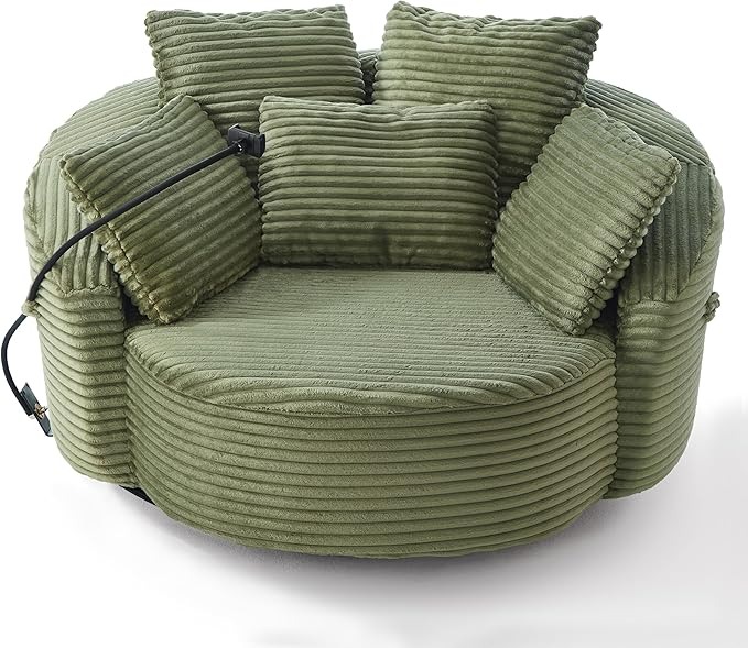 360° Swivel Accent Chair with 5 Throw Pillows Adjustable Phone Holder Corduroy Fabric Round Sofa Chair Barrel Chair with Semi-Wraparound Design for Living Room Office and Hotel (Green1)