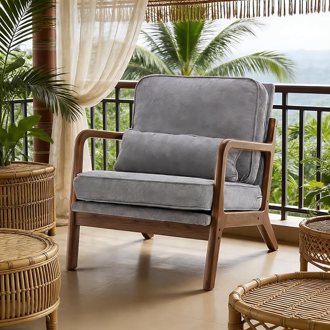 Simple Deluxe Mid-Century Modern Wood Accent Chair &amp Cozy Reading Chair Upholstered Living Room Chair with Waist Cushion Solid Wood Chair with Pillow for Bedroom Grey