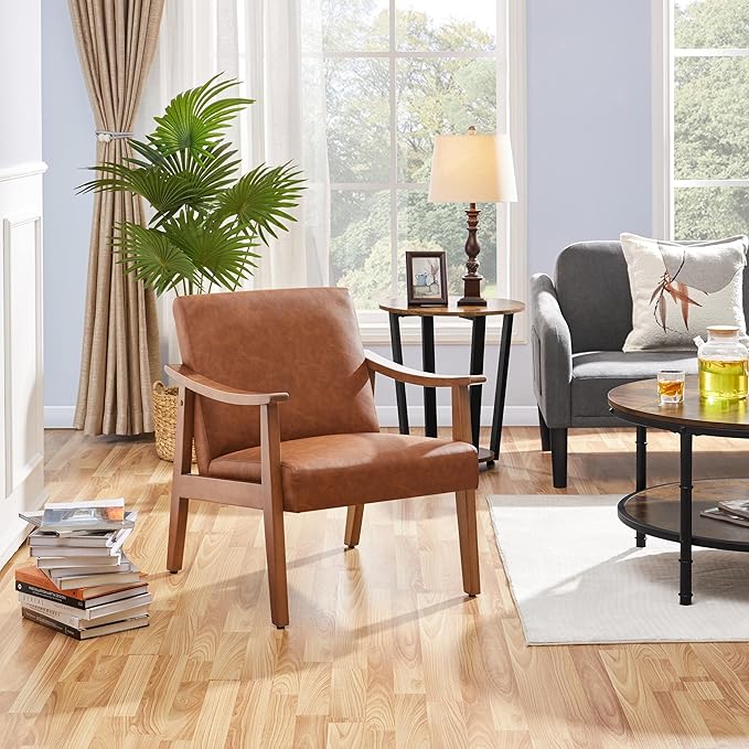Yaheetech PU Leather Accent Chair Mid-Century Modern Armchair with Solid Wood Legs Reading Leisure Chair for Living Room Bedroom Waiting Room Light Brown Set of 2