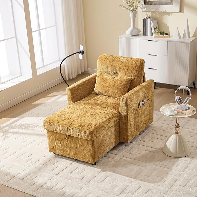 Multifunctional Sofa Recliner Chairs with Storage Cell Phone Bracket Chenille Recliner Chair Bed with Side Pockets and High Backrest Modern Living Room Single Lounge Chair (Mustard Yellow)