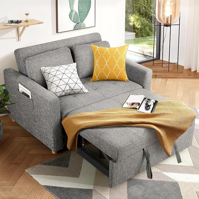 SEJOV Sleeper Sofa Pull Out Loveseat Sleeper with Adjustable Backrest 2-Seater Linen Fabric Couches for Small Spaces Futon Couch for Living Room Bedroom Apartment Rv Drak Grey