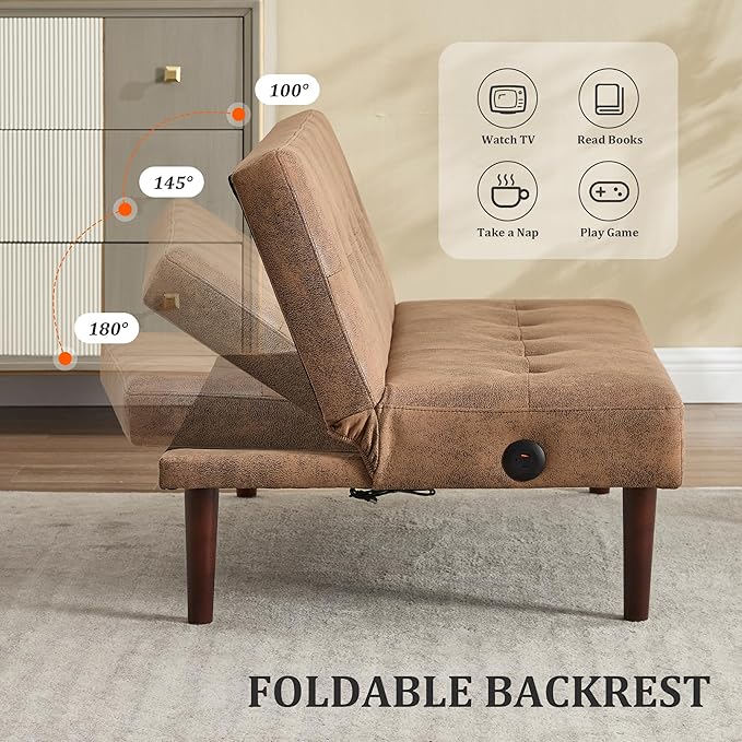 Anwick Convertible Futon Sofa Bed with Charging Port 45″ Folding Sleeper Sofa Adjustable Backrest Small Couch for Living Room Small Spaces Or Office Modern Loveseat (Coffee)