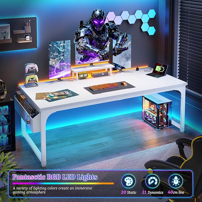 Computer Desk with Monitor Stand &amp 24mm Thicker DesktopGaming Desk with Power Outlets &amp LED LightWhite Writing Desk for Home Office Study Bedroom White