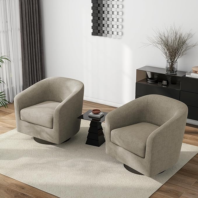 Pia Ricco Swivel Barrel Accent Chairs Set of 2 360° Swivel Round Sofa Chair Comfy Upholstered Fabric Single Sofa Club Armchair for Living Room/Reading Room/Bedroom Light Brown