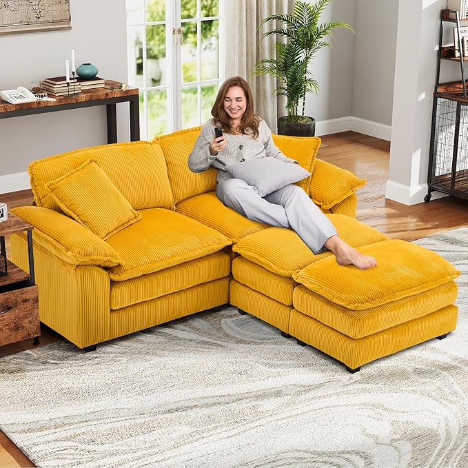 Modular Sectional Sofa 84'' Comfy Corduroy Double Layer Upholstered Cloud Couch Loveseat Sleeper Sofa with Moveable Ottoman 2 Pillows and Detachable Armrest for Living Room Yellow