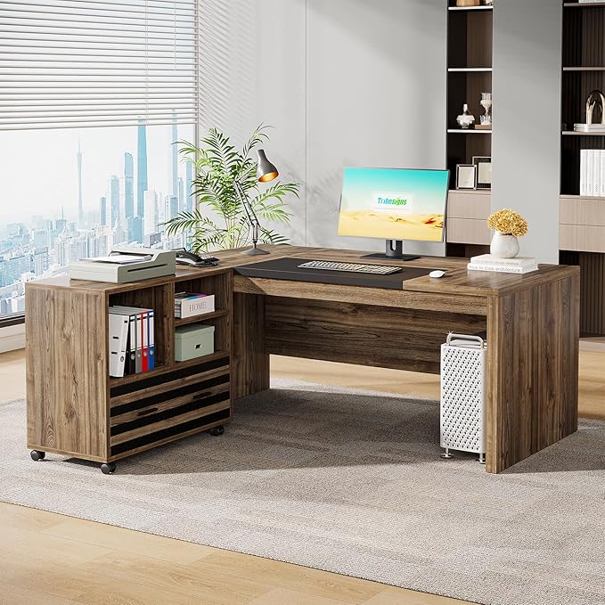 Tribesigns 62.2 Executive Desk with Mobile File Cabinet L-Shaped Office Desk with Storage Shelves Large Computer Desk Business Workstation Set for Home Office Light Brown